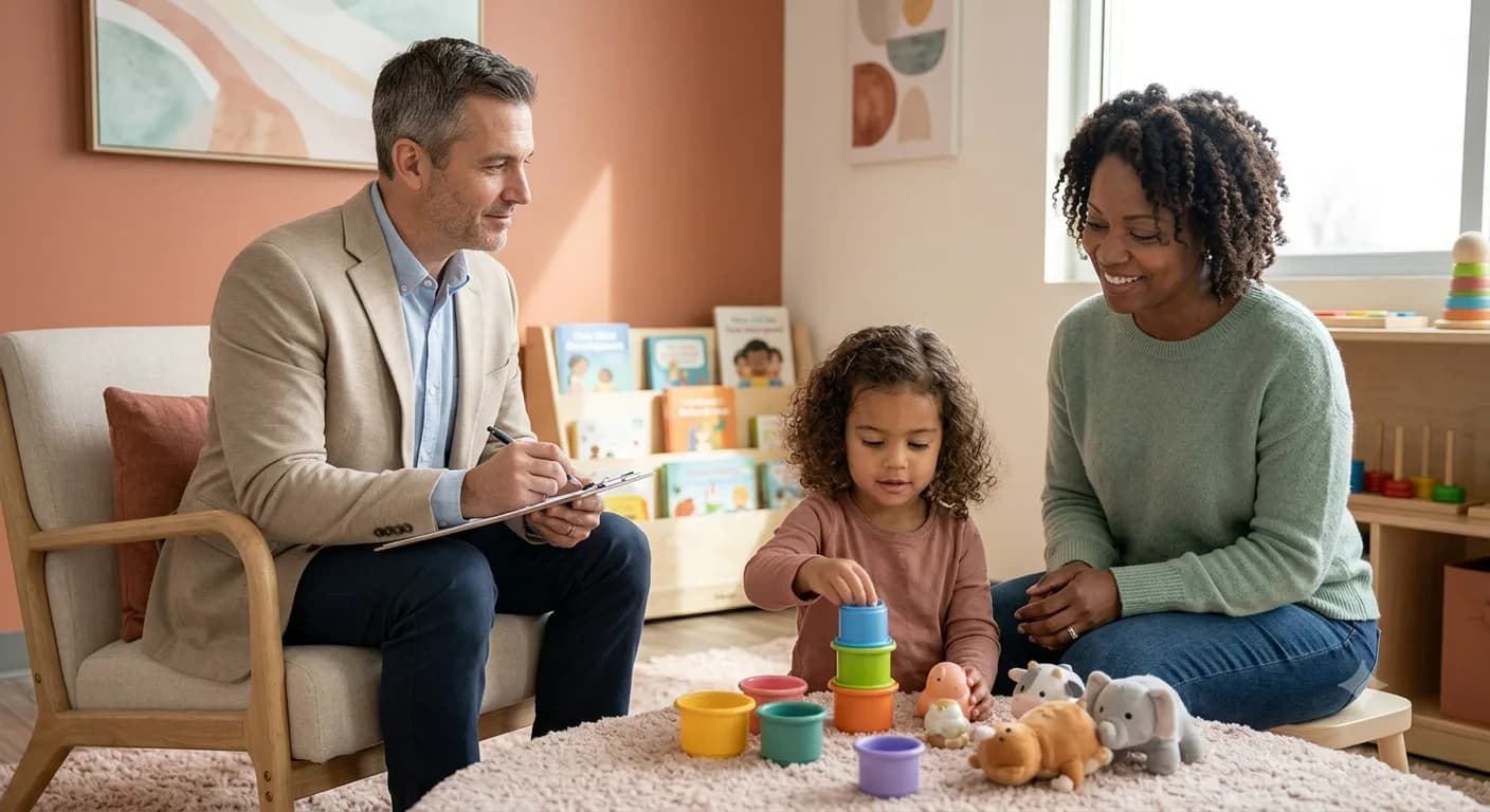 A father, mother, and daughter playing together during a therapy session