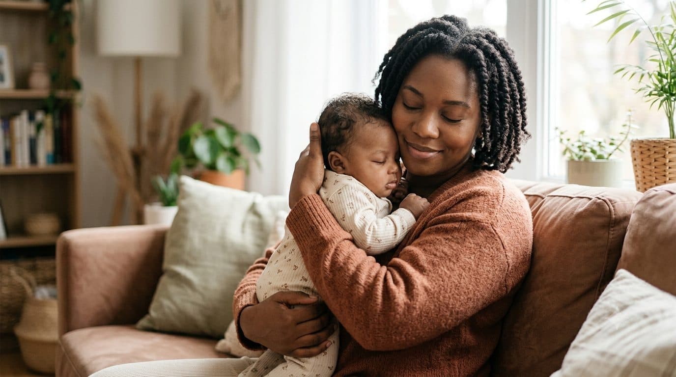 A parent and child laughing together at home