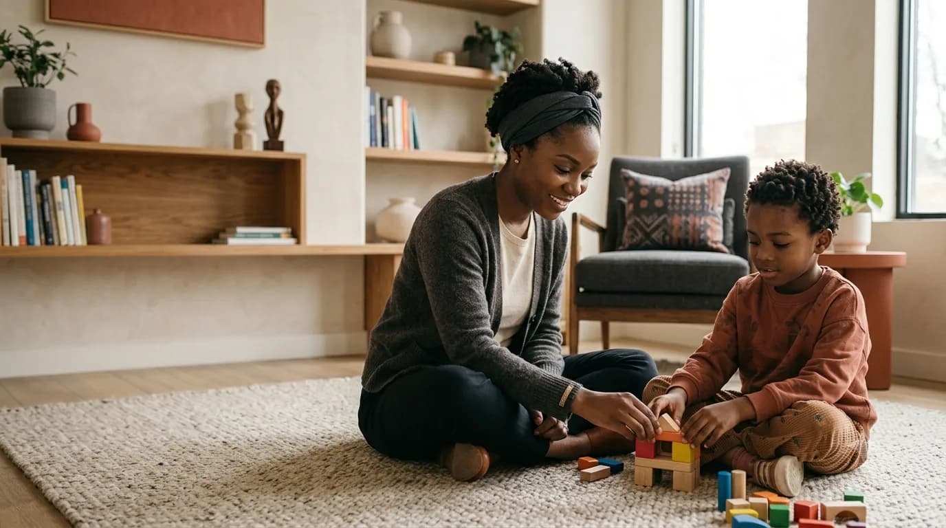 A mother and her son sitting on the floor together, building a tower out of wooden blocks